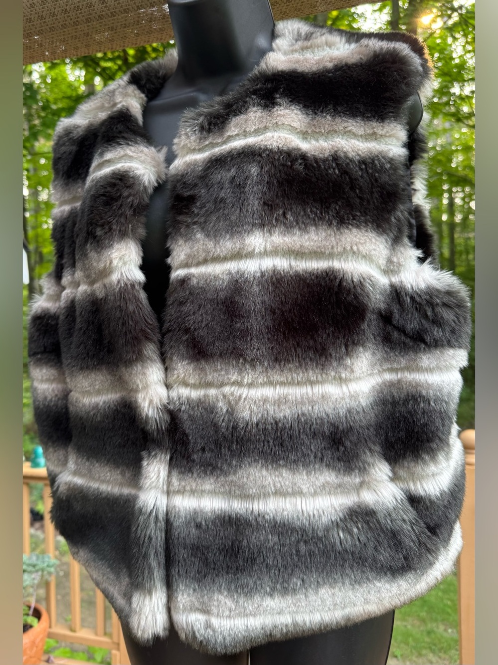 Tahari Faux Fur Striped Vest in Black and Gray